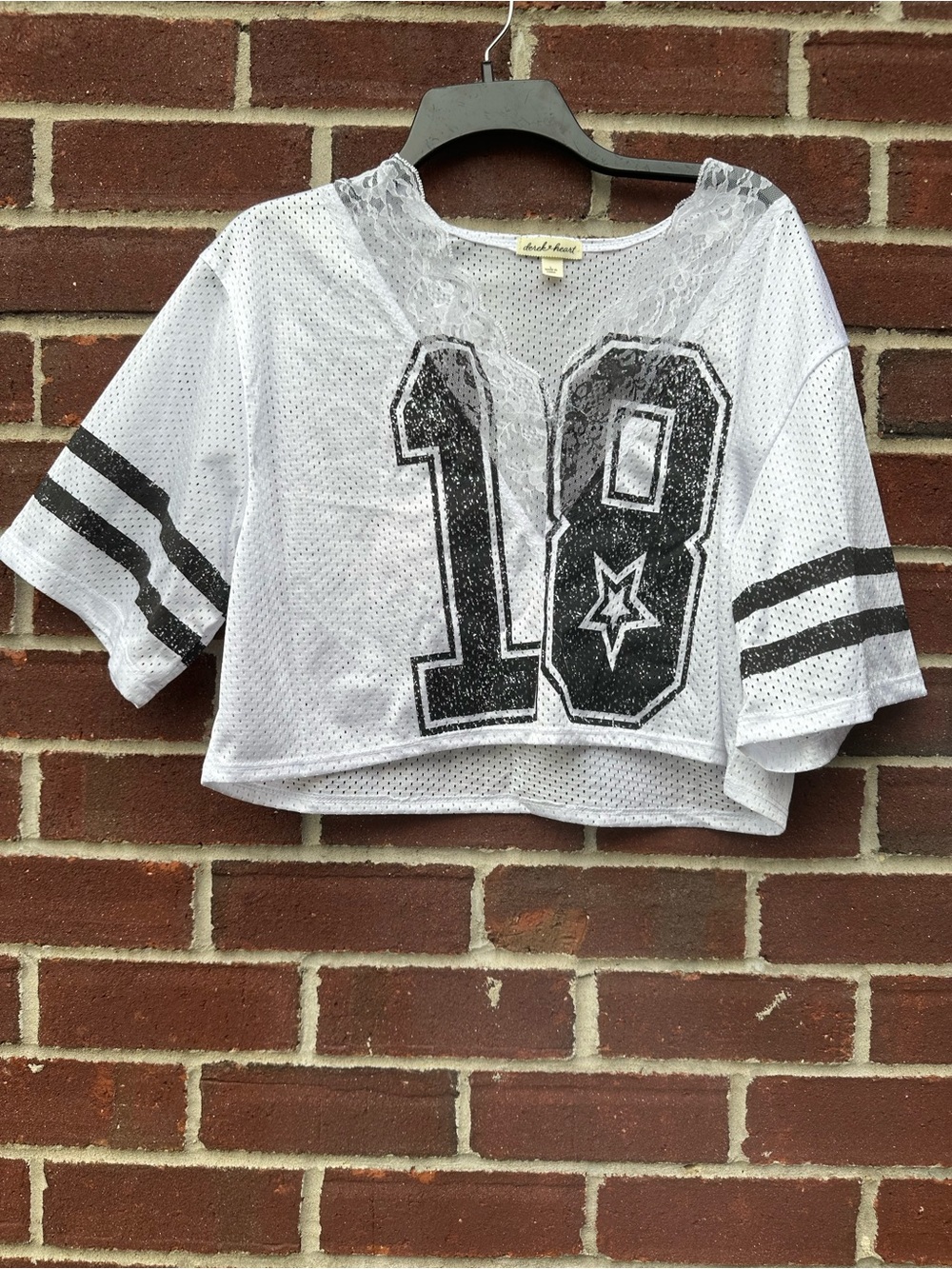 Derek Heart White Mesh Cropped Football Tee with Black Number Juniors Size Large